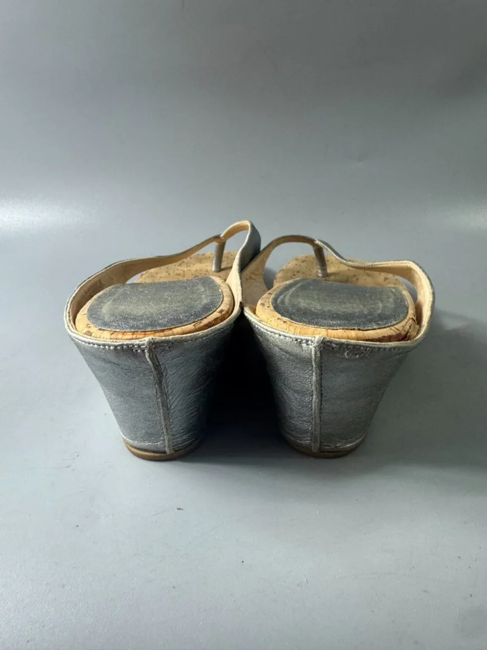 Authentic Christian Louboutin Silver Metallic Leather Cork Wedges, Size 41
